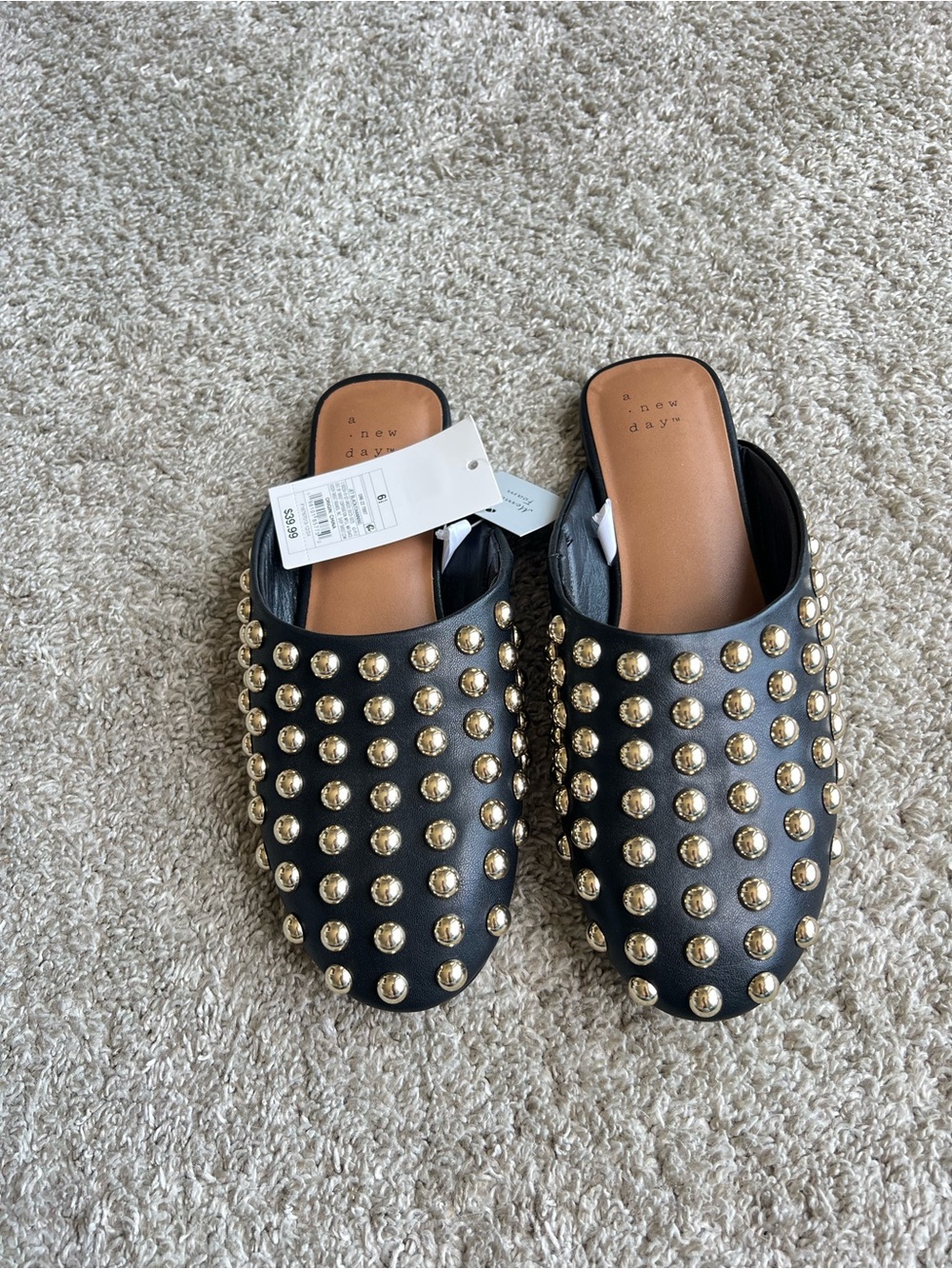 a new day Black Gold-Studded Slip-On Mules. Size 6.5